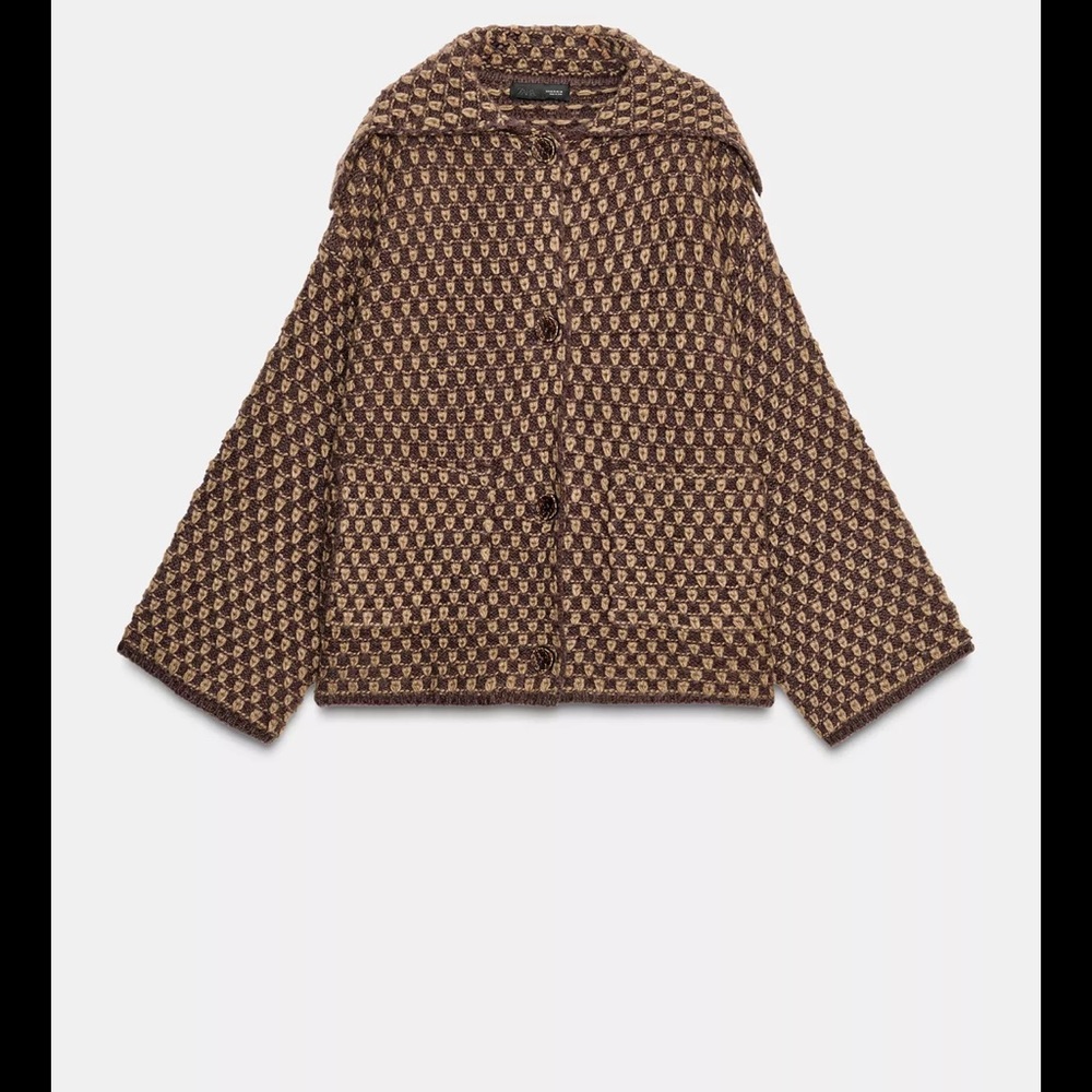 Zara Brown and Beige Patterned Knit Cardigan